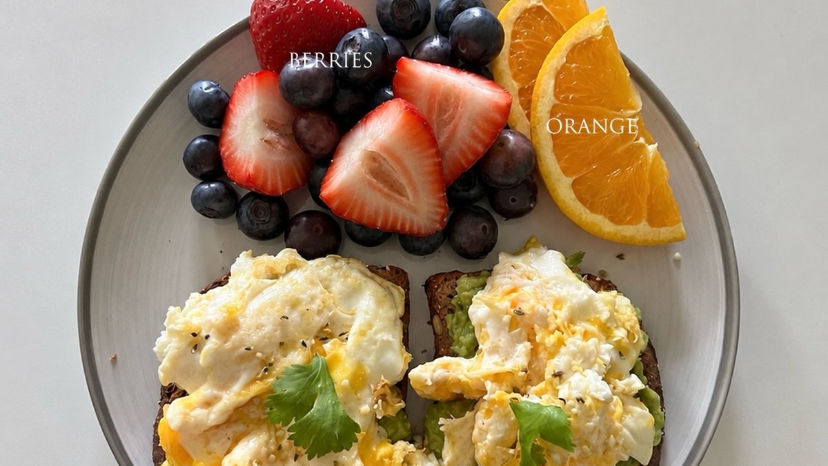Scrambled Egg Avocado Toast with Berries & Orange