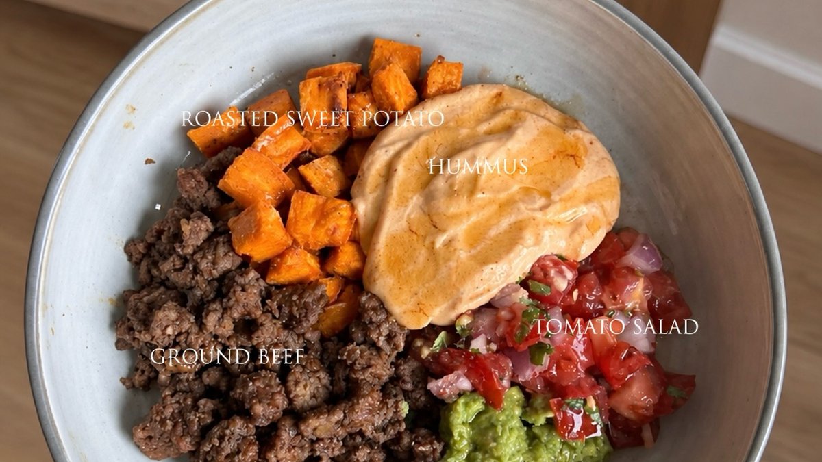 Ground Beef Power Bowl with Sweet Potato & Hummus