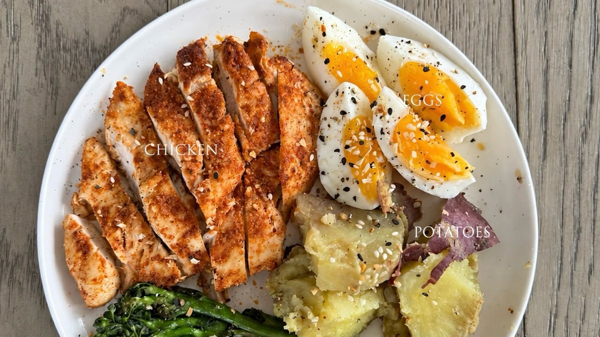 Sliced Chicken with Jammy Eggs, Potatoes & Broccolini