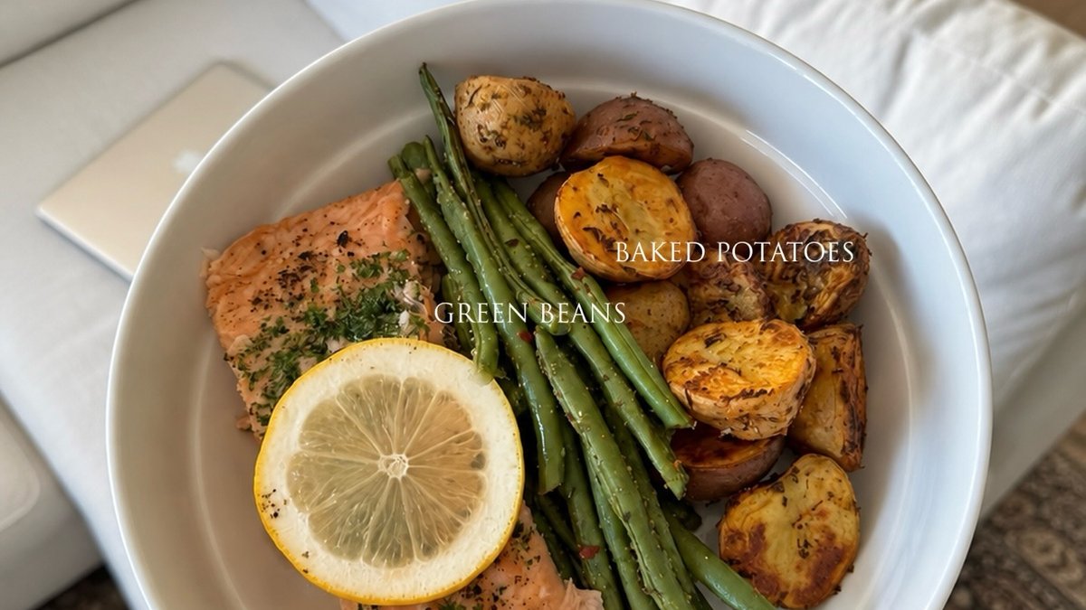 Herb Salmon with Green Beans & Roast Potatoes